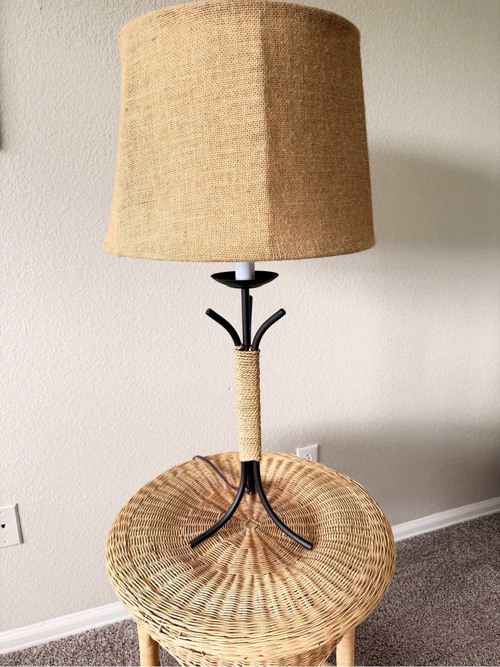 Vintage Table Lamp with Wrought Iron Base and Burlap Shade